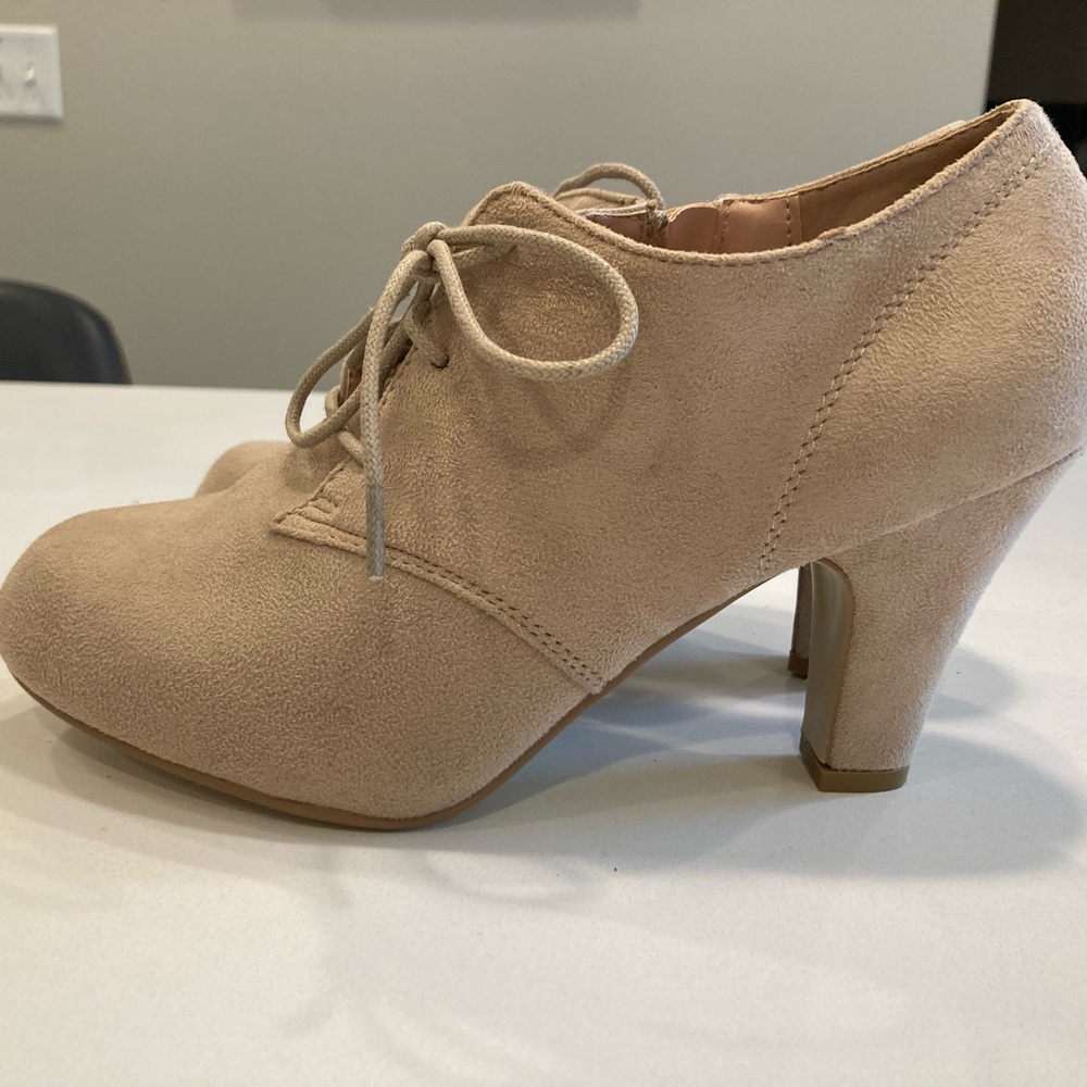 Beige Suede Lace-Up High Heel Booties — New, Size 8